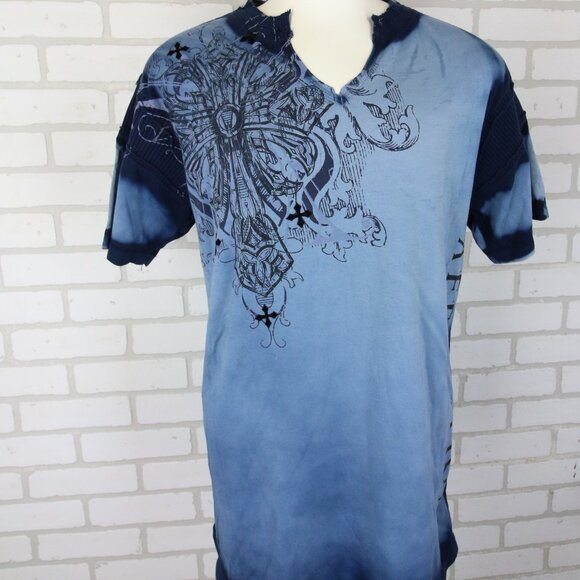 Affliction T-Shirt XL Blue Dye V Neck Ribbed Felt Detail Cross Cyber Goth Grunge - Picture 2 of 16